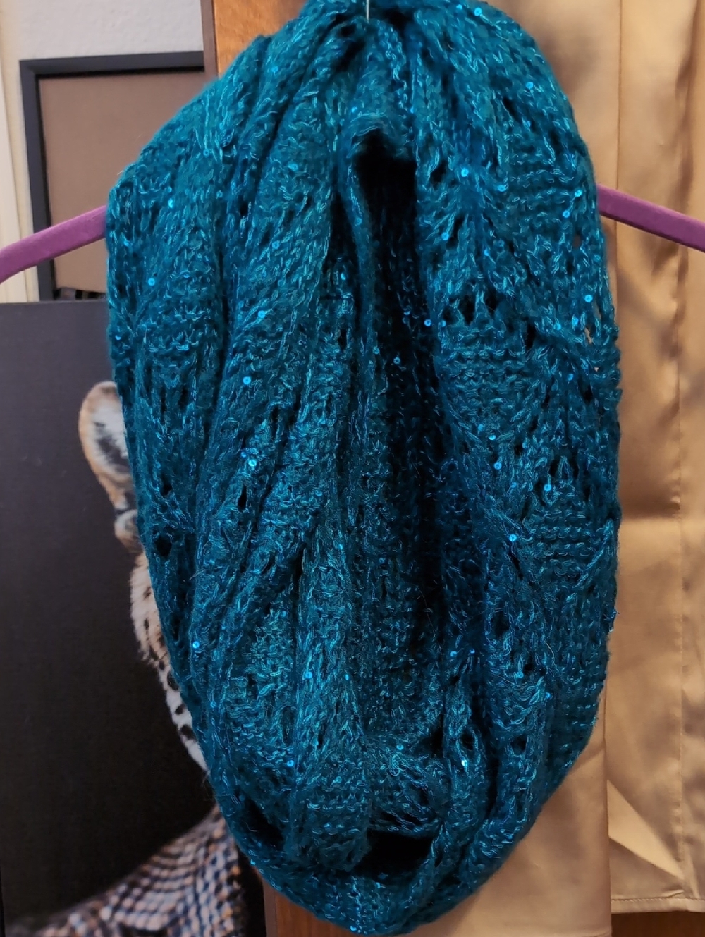 Teal Sequined Knit Infinity Scarf - Women Accessories